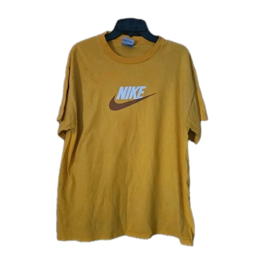 VTG Nike T Shirt Men's Sz Large Yellow Brown Swoosh Logo Graphic NOTE*